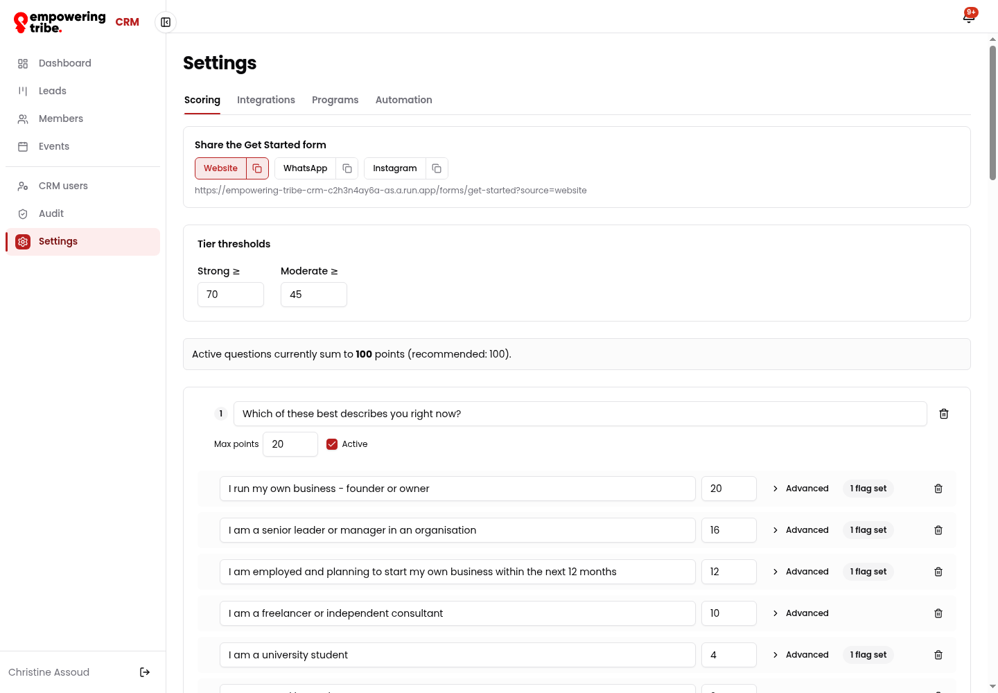 Settings scoring
