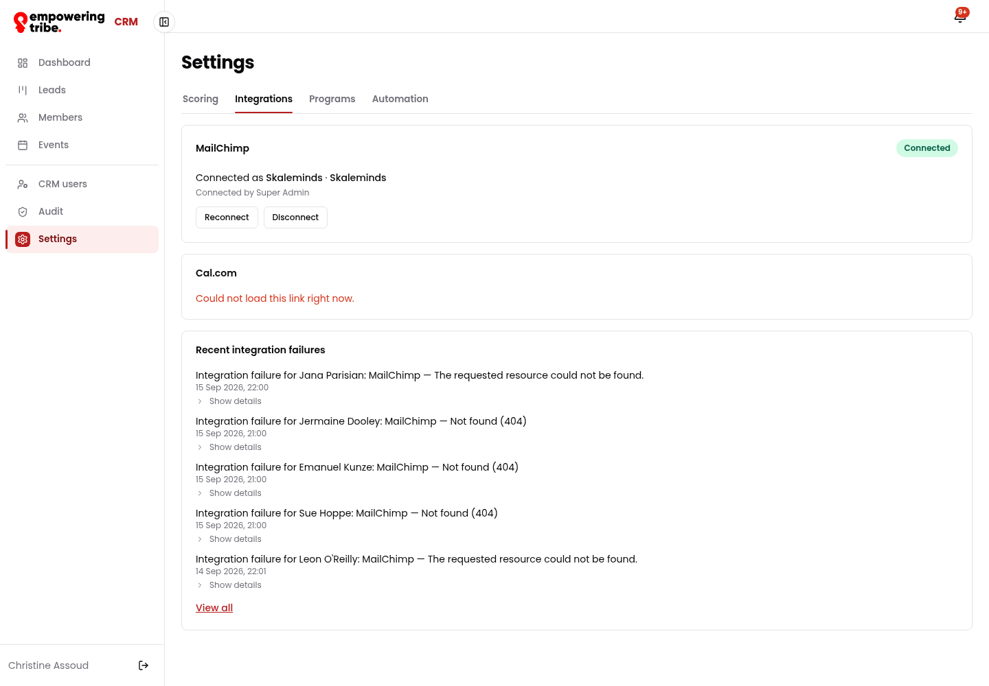 Settings integrations