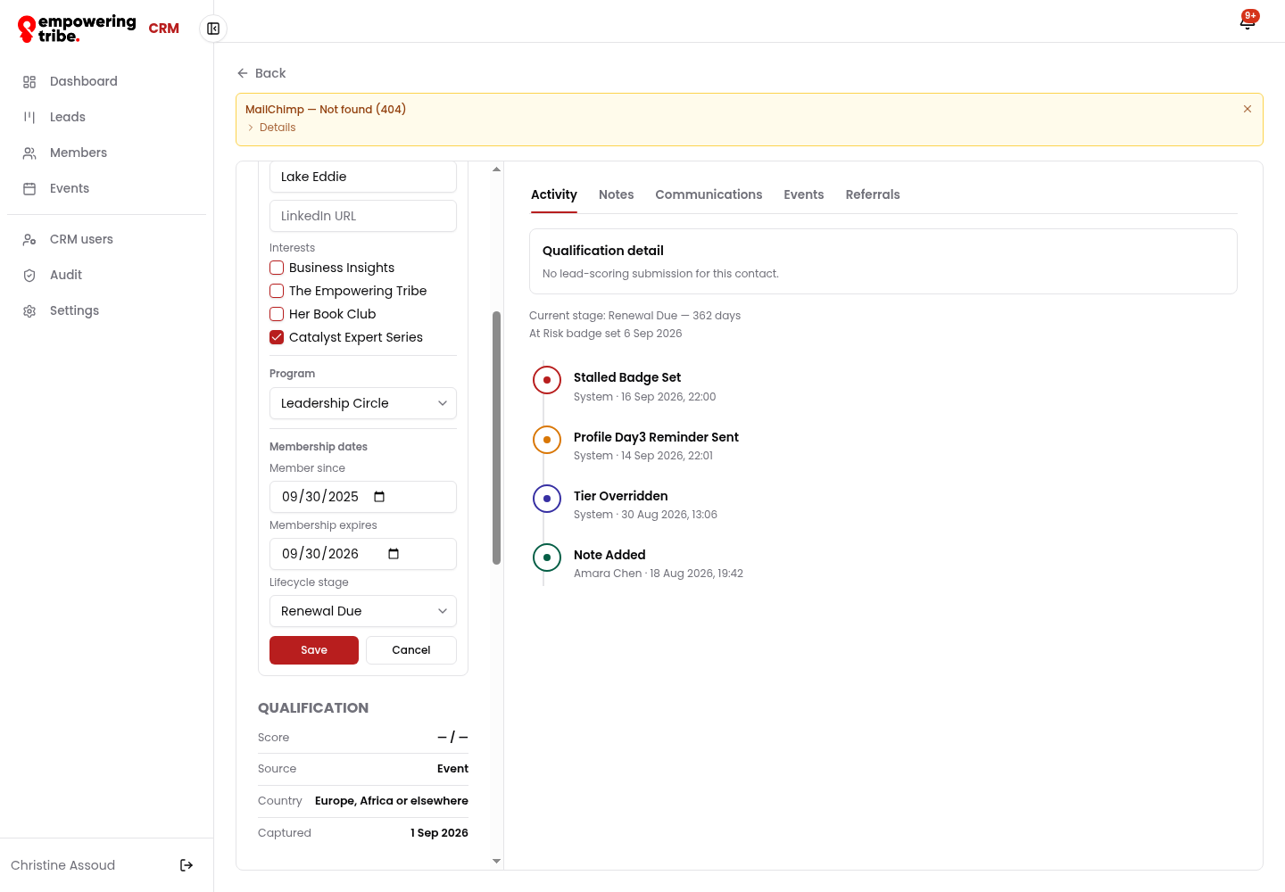 Edit profile panel